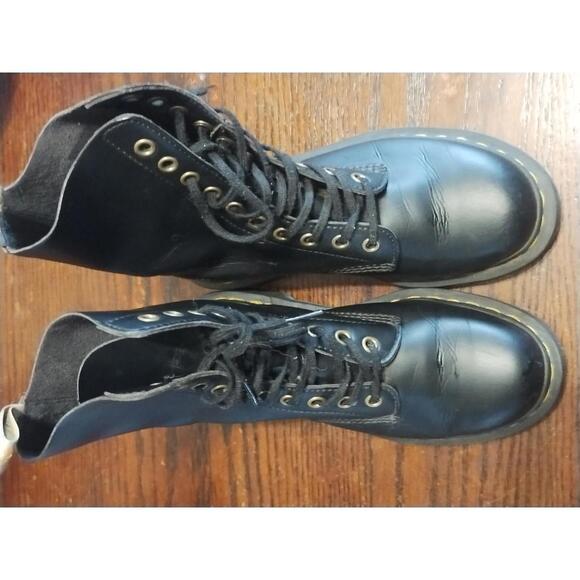 Dr. Martens Black Leather 8-Eye Combat Boots with Yellow Stitching - Picture 2 of 4